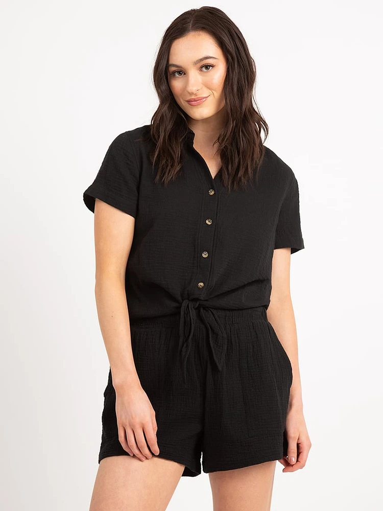 daphne button front tie bottom shirt