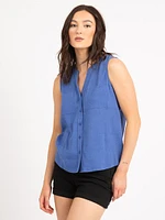 doris collarless button front shirt