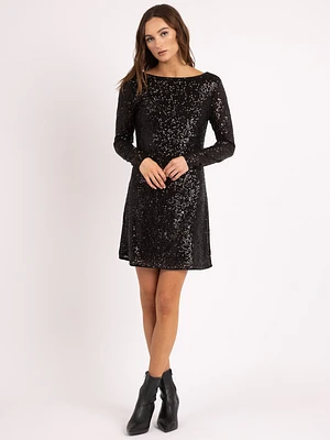 alix boat neck sequin knee length dress