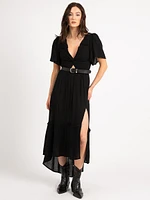 vneck flutter sleeve twist front maxi dress