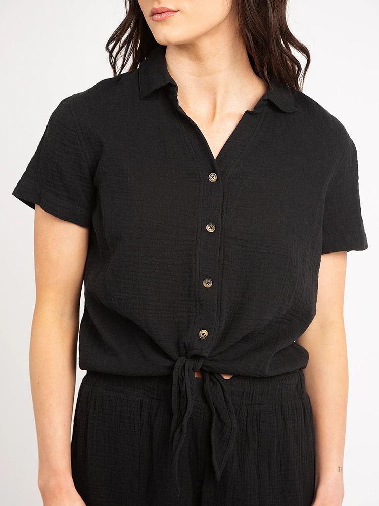 daphne button front tie bottom shirt