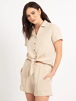 daphne button front tie bottom shirt