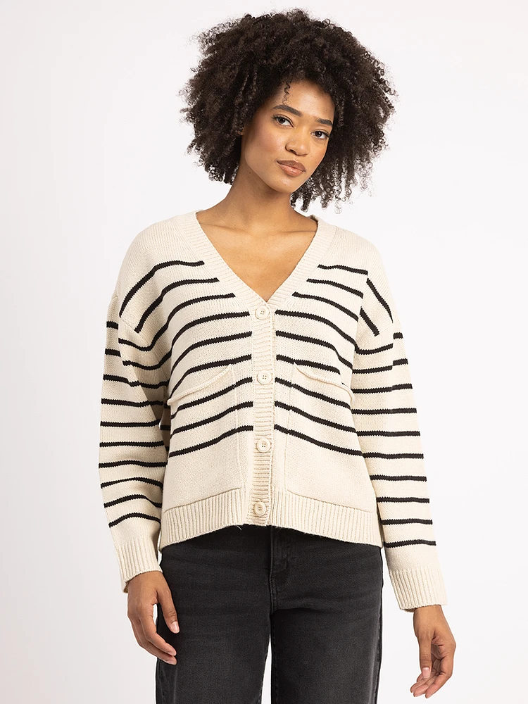 v neck stripe button front cardigan