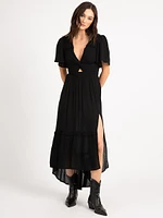 vneck flutter sleeve twist front maxi dress