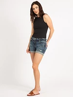 mid-rise cuffed boyfriend short dark stone wash