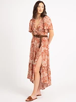 vneck flutter sleeve twist front maxi dress