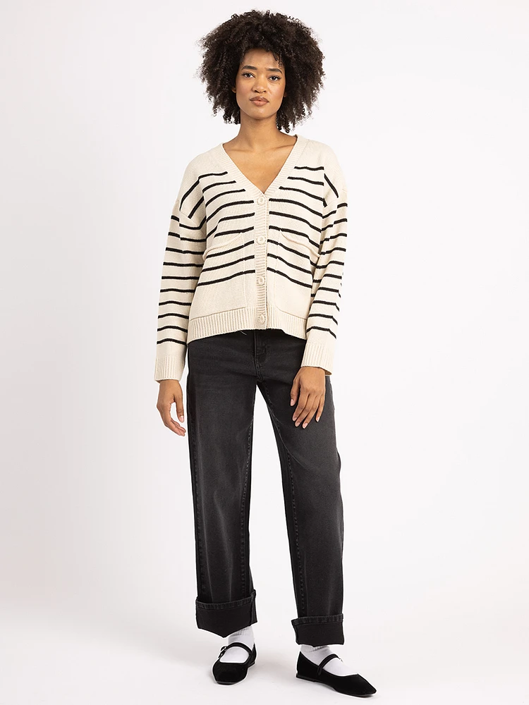 v neck stripe button front cardigan