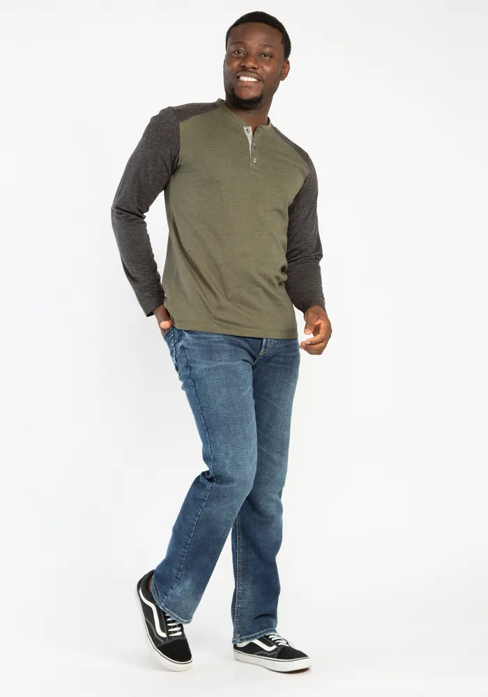 colour block henley long sleeve shirt