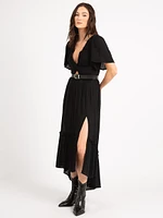 vneck flutter sleeve twist front maxi dress