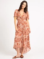 vneck flutter sleeve twist front maxi dress