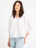 madlyn button front embroidered sleeve top