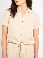 daphne button front tie bottom shirt