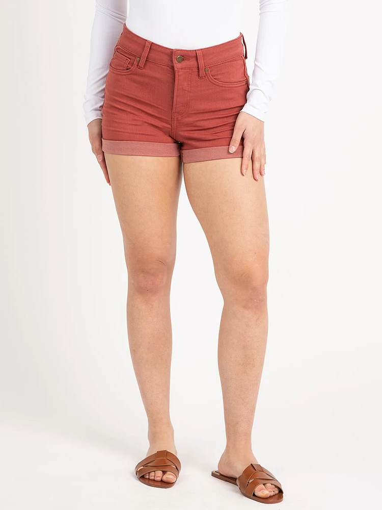 high rise cuffed shortie barn red