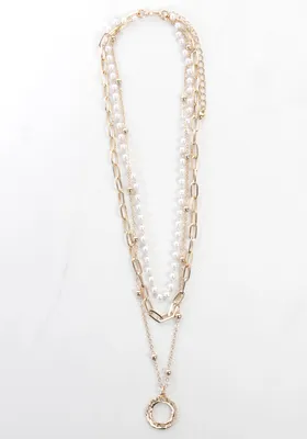 triple layered pearl and chain necklace