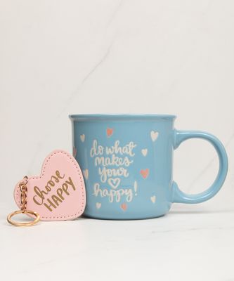 blue and pink mug and keychain gift set