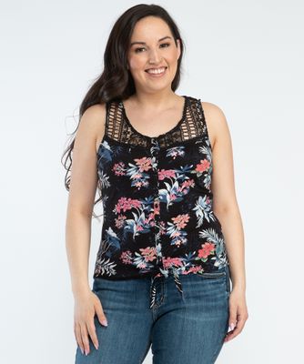 vale floral tie front tank with crochet yoke