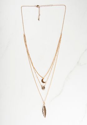 triple layer necklace - celestial & feather