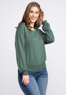 cassidy long sleeve smocked hem top