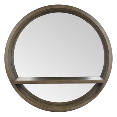 Round mirror with wooden shelf