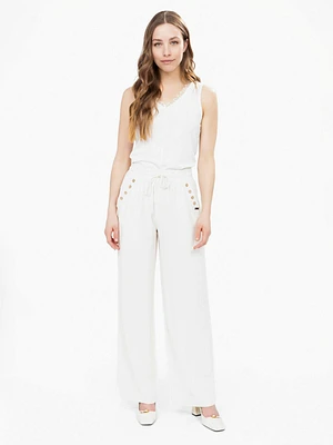 Flowy Elastic-Waist Pants with Decorative Buttons
