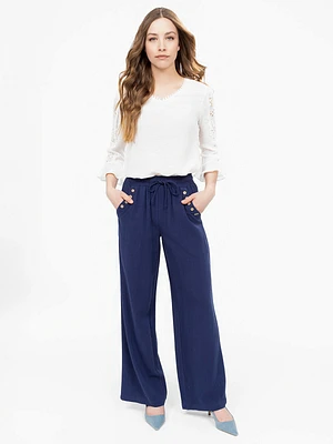 Pantalon fluide taille élastique à boutons décoratifs