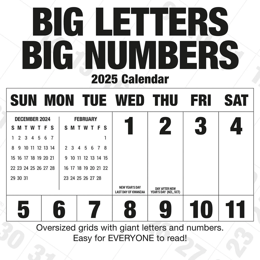 Big Letters Big Numbers Wall 2025 Calendar