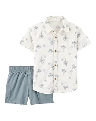 Toddler Boy 2-Piece Palm Tree Print Short Set - Ivory/Blue