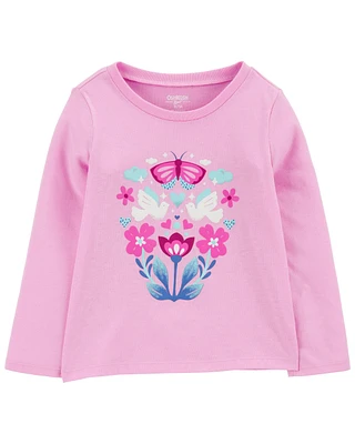 Toddler Butterfly-Print  Long-Sleeve Graphic Tee - Pink