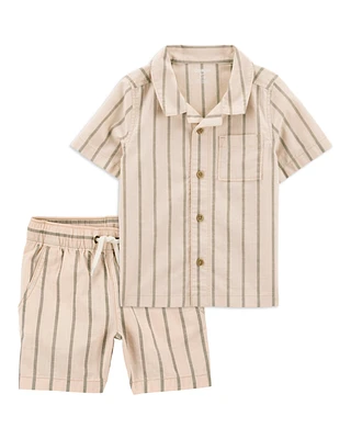 Baby 2-Piece Striped Button-Down Shirt & Drawstring Shorts Set - Khaki