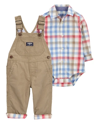 Baby 2-Piece Plaid Button-Down Bodysuit & Canvas Overalls Set