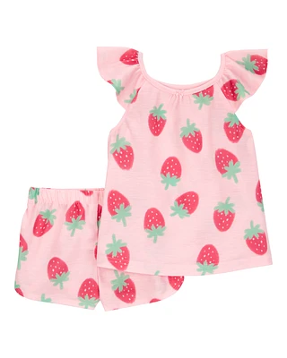 Toddler Girl Strawberry Print Loose Fit 2-Piece Pajamas - Pink