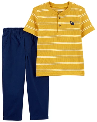 Baby 2-Piece Striped Henley Tee & Canvas Pant Set