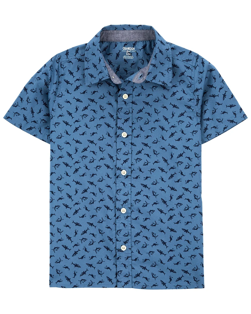 Kid Shark Print Button-Front Short Sleeve Shirt