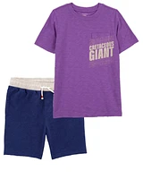 Kid 2-Piece Dinosaur Pocket Graphic Tee & Pull-On Shorts Set