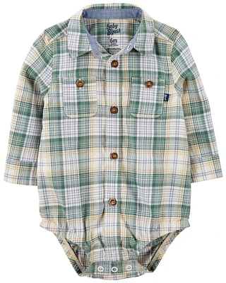 Baby Plaid Long-Sleeve Button-Down Bodysuit