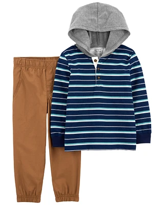 Toddler 2-Piece Striped Hooded Tee & Canvas Pant Set