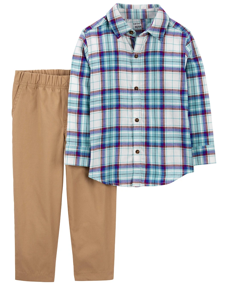 Baby 2-Piece Plaid Button-Front Shirt & Canvas Pant Set