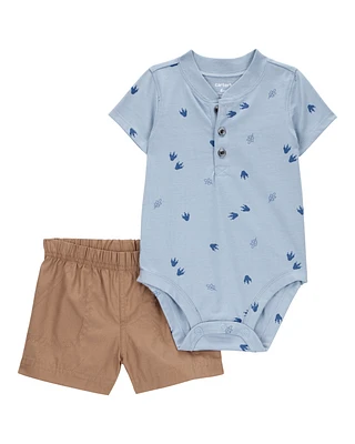 Baby Boy 2-Piece Dinosaur Footprint Bodysuit & Short Set - Blue/Brown
