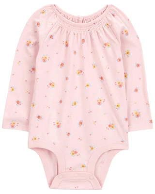 Baby Floral Knit Long-Sleeve Bodysuit - Pink