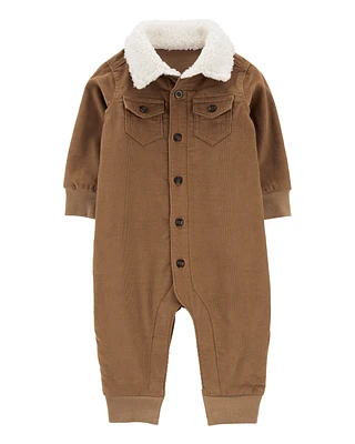 Baby Button-Front Corduroy Jumpsuit with Sherpa Collar