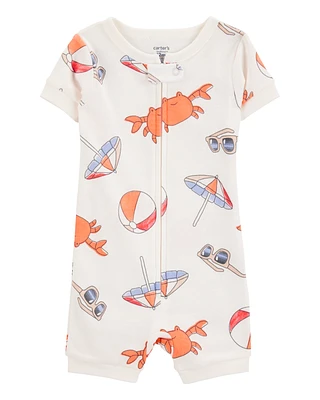 Toddler 1-Piece Crab Beach Print 100% Snug Fit Cotton Romper Pajamas - White