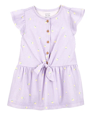 Toddler Lemon Print Striped Button-Front Dress