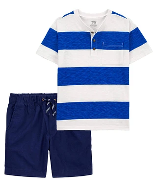 Kid 2-Piece Striped Jersey Henley & Pull-On Shorts Set