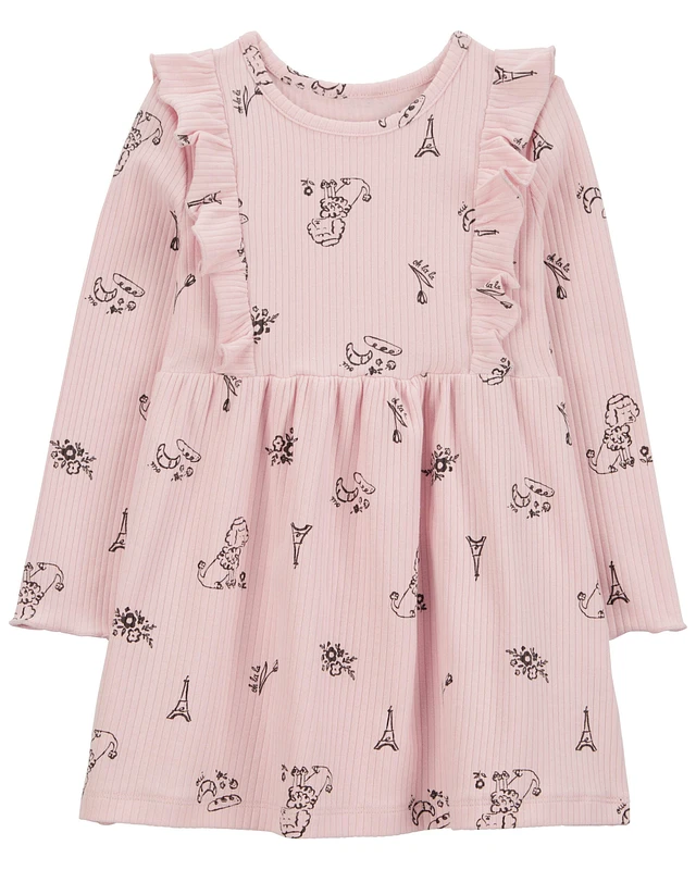 Toddler Paris-Print Long-Sleeve Dress - Pink