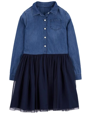 Kid Mixed Fabric Chambray and Tulle Dress