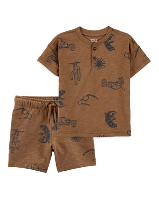 Baby 2-Piece Desert Print Henley Tee & Pull-On Shorts Set - Brown