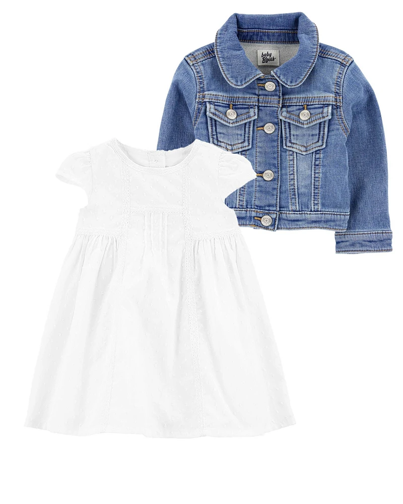 Baby 2-Piece Classic Knit-Like Denim Jacket & Babydoll Dress Set