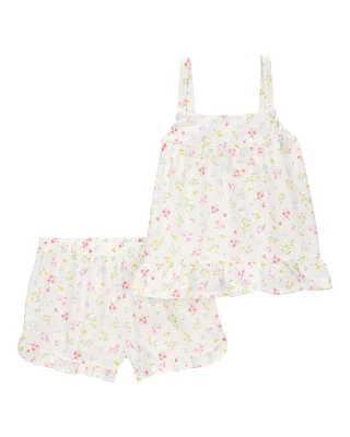 Girls Floral Loose Fit 2-Piece Pajamas - White