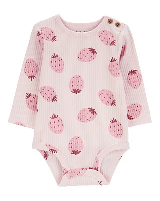 Baby Strawberry Ribbed Long-Sleeve Bodysuit