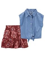 Kid 2-Piece Button-Up Tie-Front Chambray Top & Linen Skort Set